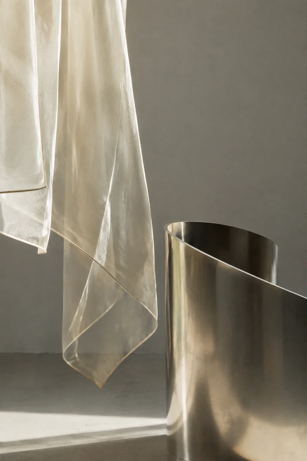 Light passing through ivory organza beside a curved metal form